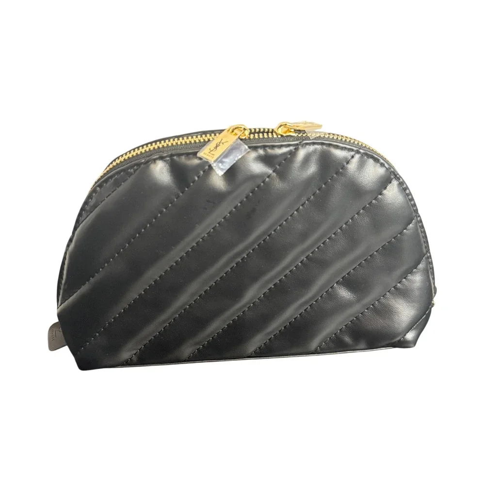 YSL Black Quilted Cosmetic Pouch Gold Logo Makeup Organizer Small Travel Bag NEW